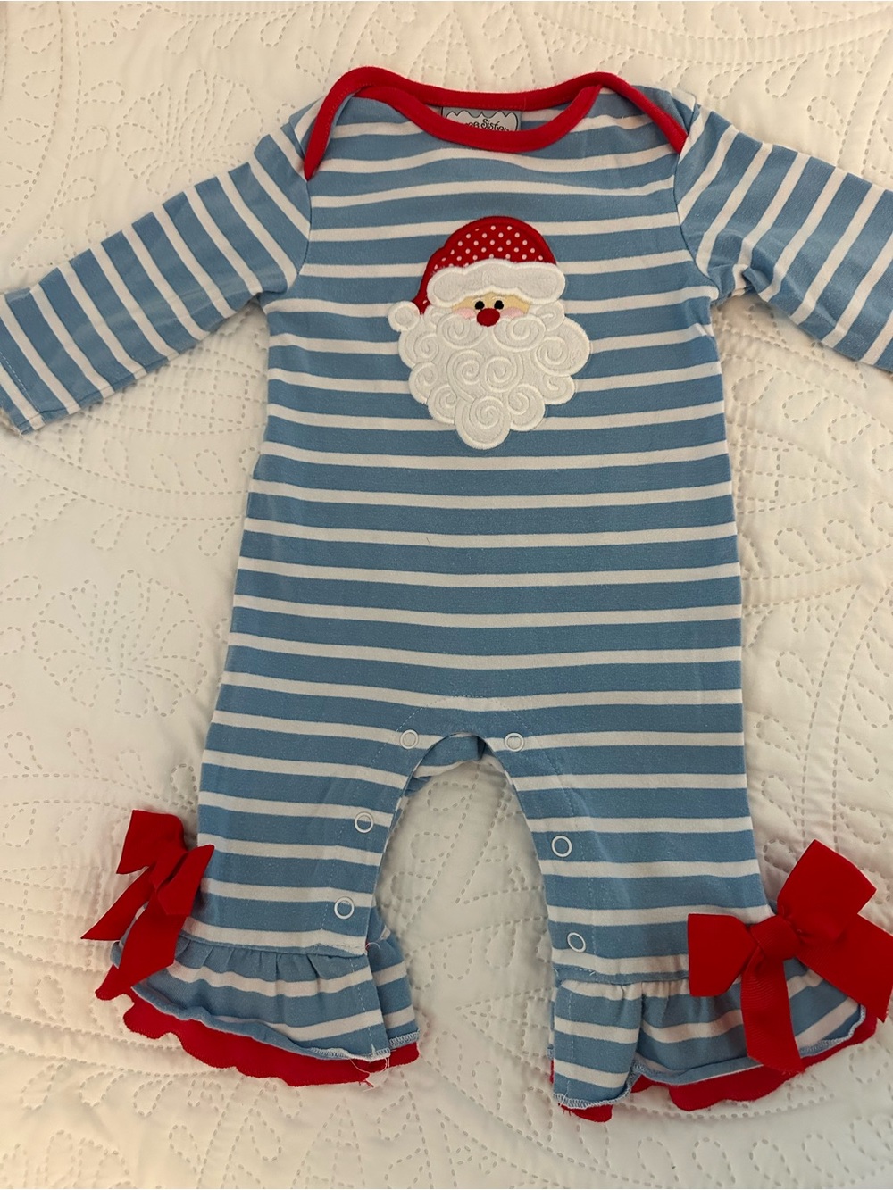 Blue & White Striped Santa Appliqué Baby One-Piece with Red Trim